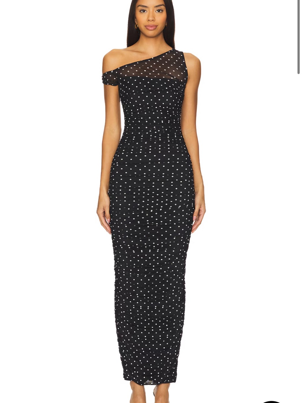 AFRM Black Polka Dot Mesh ruched Maxi Dress size L NwT